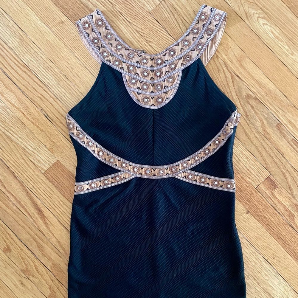 Free People Boho Mirror Embellished Black/Gold Egyptian Vibe Mini Dress Small